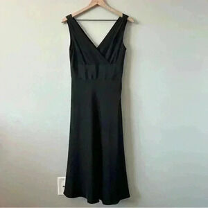 J Crew Sz T4 Black 100% Silk Surplice V Neck Sleeveless Formal Midi Dress Empire